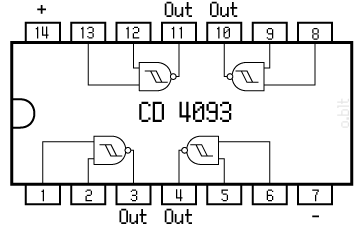 Pinout CD4093 (pastebėti, kad įėjimai 7 ir 14 yra naudojamas elektros jungtimi)