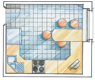 Baldų ir įrangos išdėstymo virtuvės piešinyje pavyzdys.