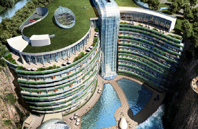 Dėl Songjiang InterContinental Hotel stogo įrengtos žaliosios zonos.