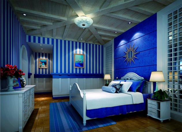 Miegamojo nuotrauka su vienu mėlynu atspalviu visame kambaryje