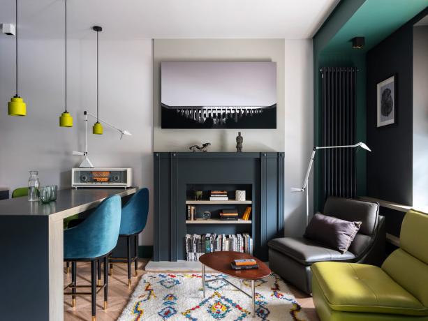 Žalioji miegamasis, virtuvė ir lubų: Stilingas odnushka 38 m²