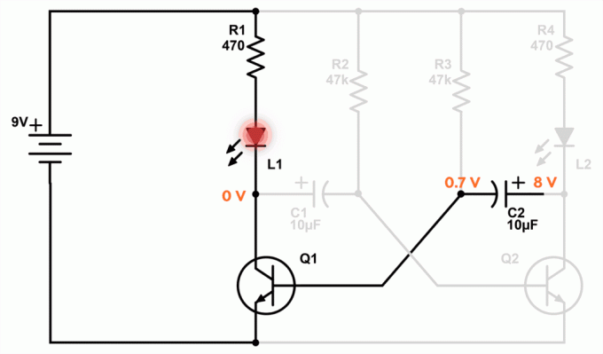 Teisė iš kondensatorius C2 įtampa greitai pasiekia 7-8, kai LED žibintai kairėje.