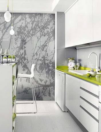 Originalus žalias stalviršis praskies pilkos spalvos monotoniją virtuvėje.