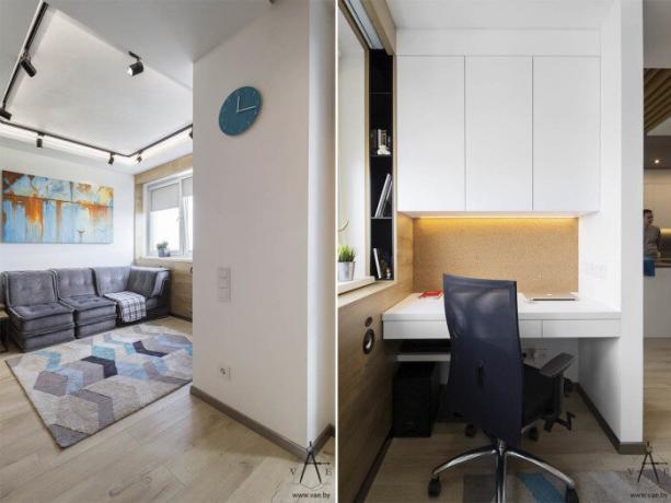 Gyvenamasis kambarys ir darbo zona studijoje bute, kur plotas 48 kvadratinių metrų.