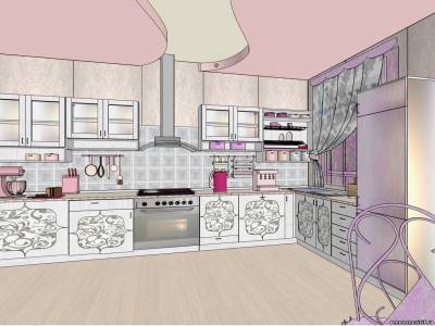Dizainas - nudrožto - prašmatnaus stiliaus projektas: pilkai violetinių tonų virtuvė.