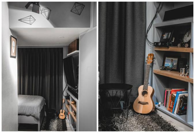 Pilkos spalvos atspalvius: 17 m² su miegamuoju ir persirengimo kambarys videoblogera