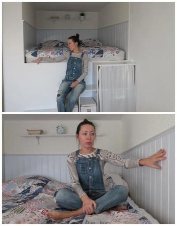 Ant aukštos pakylos į suformuota niša mergina ji padarė tikrą miegamasis. | Nuotrauka: youtube.com.