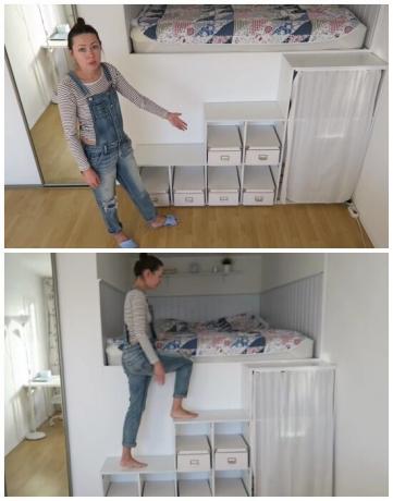 Norėdami patekti į laikinoje miegamojo reikia lipti laiptais, lentynas. | Nuotrauka: youtube.com.