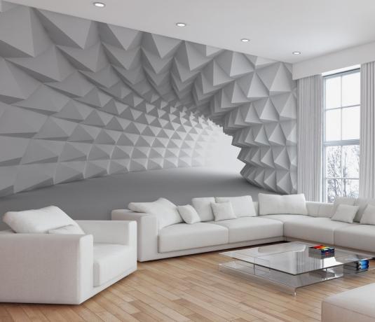 3D tapetai sukuria efektą, kad kambarys yra kažkokiame labirinte ar oloje