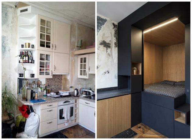 Paryškintas interjero odnushki 32 m² su miegamuoju spintoje: prieš ir po nuotraukas